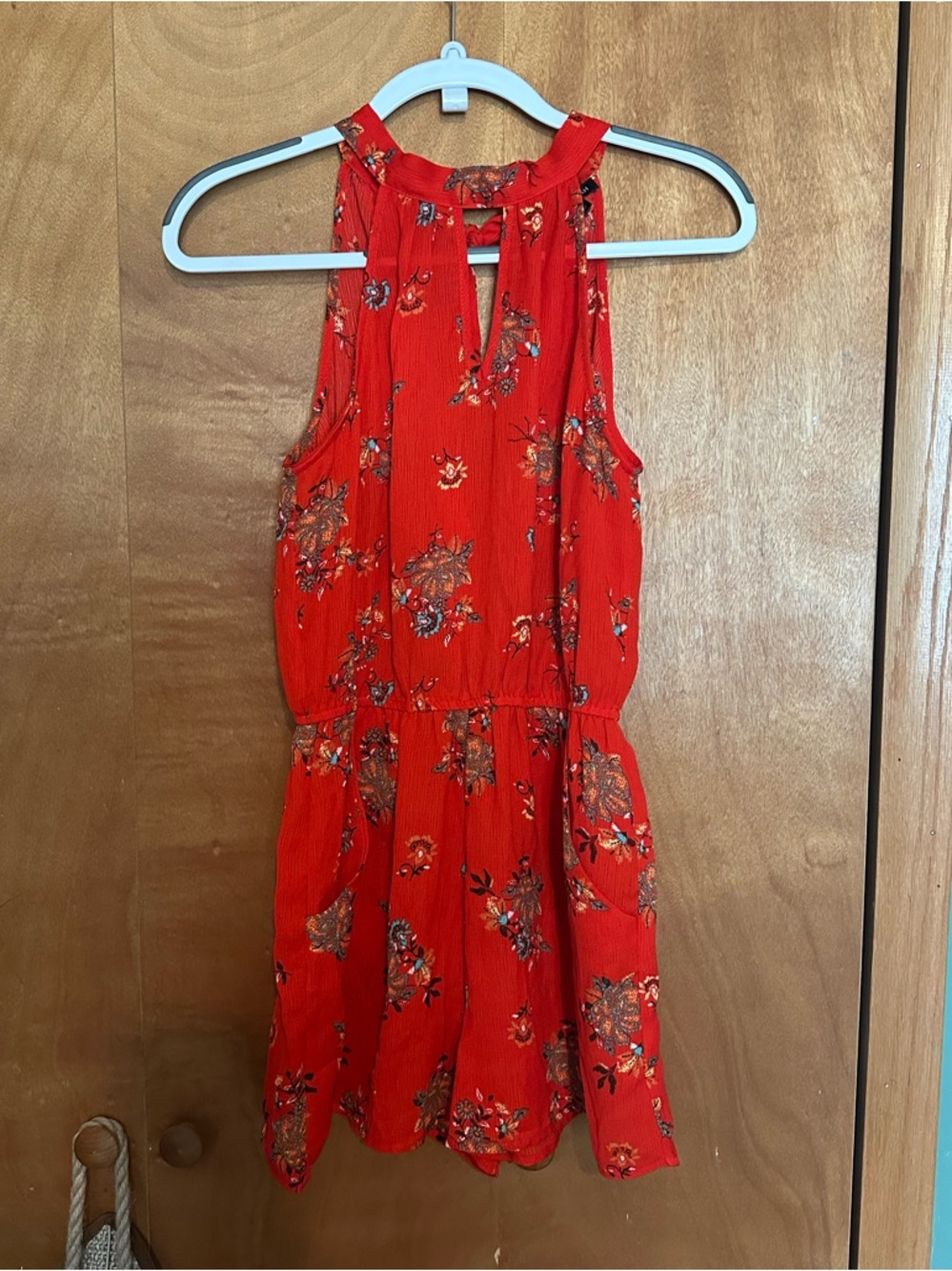 As U Wish Red Floral Romper with pockets